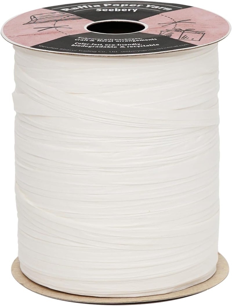 SEEBERY Raffia Ribbon for Crafts - Raffia Yarn Grass Twine for Gift Wrapping, DIY Decoration & More | Matte String Paper Rope for Crochet - 1/4'' Wide, 100 Yards, White - Image 1
